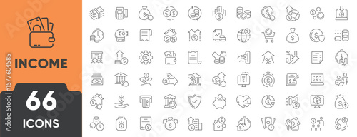 Income, Salary, Money, Business Line Icon Set. Set of 66 outline icons including money, paycheck, wallet, bank, growth, profit, and finance. Editable stroke. Linear vector illustration.
