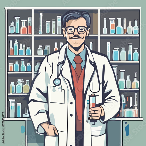 Illustrated Healthcare Professional Examining Vial in Laboratory - Medical Research Art