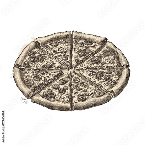 Vintage pizza on a plate with slices, ideal for culinary illustration and restaurant design, copy space