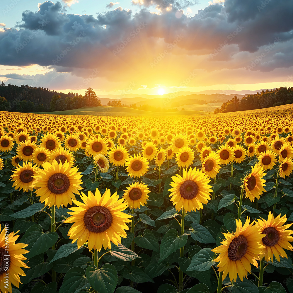 Obraz premium An expansive field of sunflowers under a dramatic summer sky at sunrise. AI-generated