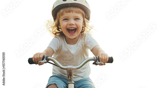 A joyful toddler wearing a helmet rides a bicycle, smiling widely with excitement and enthusiasm.