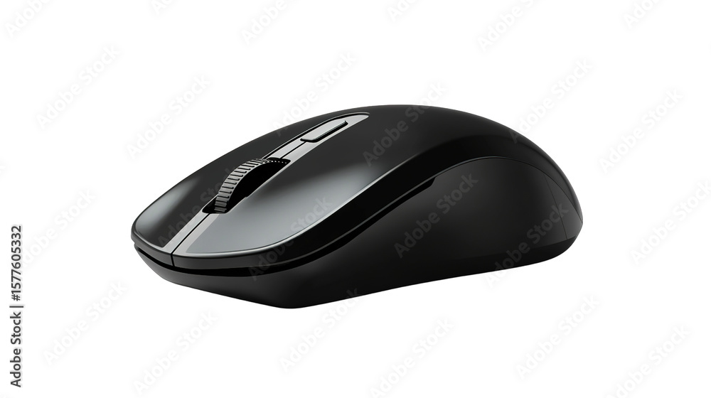 A sleek black wireless computer mouse with a scroll wheel and ergonomic design. A sleek black wireless computer mouse with a scroll wheel and ergonomic design.