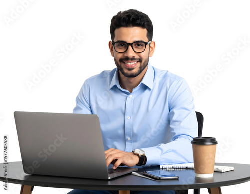 Man working on laptop at office desk with coffee, transparent background.