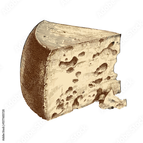 Vintage cheese wedge with a bite taken, perfect for culinary illustration and gourmet food design, copy space