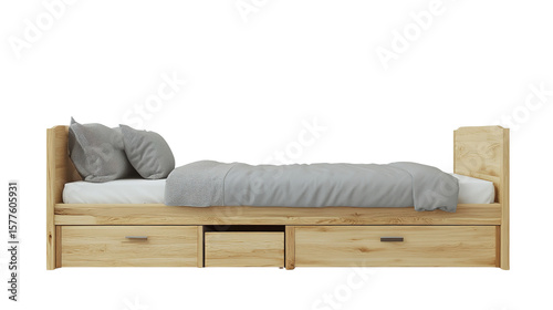 A wooden single bed frame with two under-bed drawers, equipped with a gray blanket and two pillows.