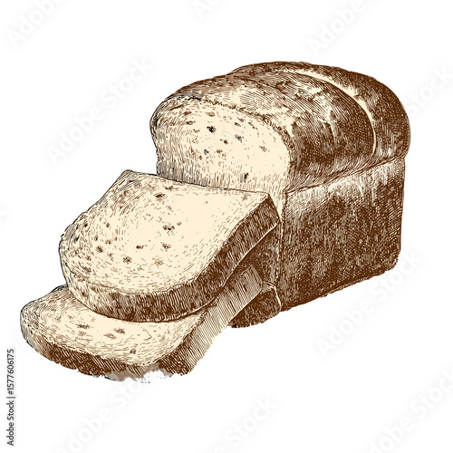 Vintage loaf of sliced bread, ideal for culinary illustration and bakery design, copy space
