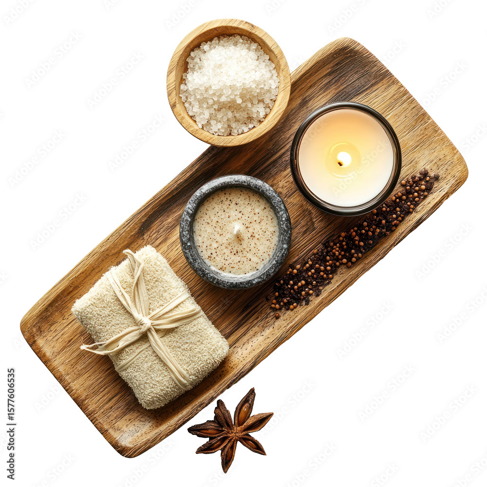 Fototapeta premium A wooden tray with a spa mask, exfoliating scrub, and a small candle beside them. isolate on transparent background