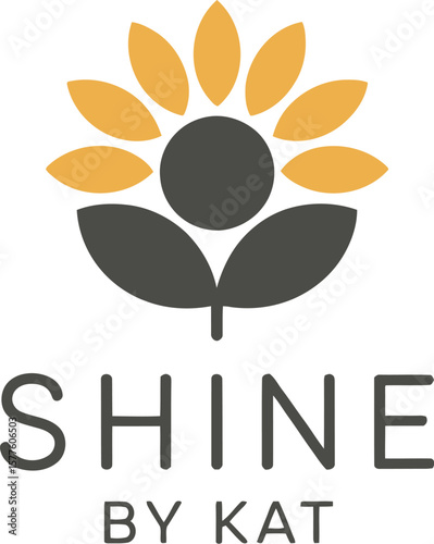 Yellow petals and dark green leaves form a stylized flower above bold text reading "Shine by Kat." The design is minimal and cheerful.