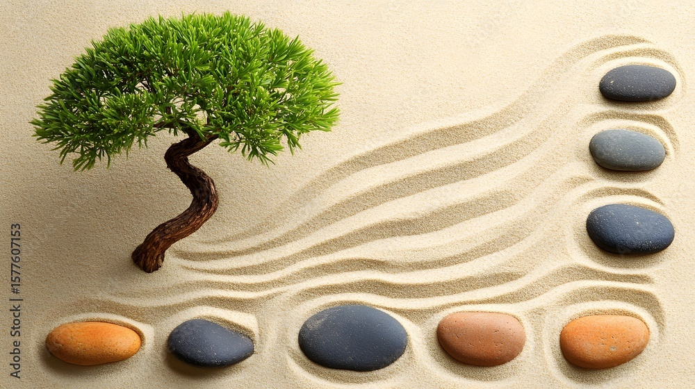Obraz premium Zen Garden Serenity Stones Bonsai Tree Sand Landscape