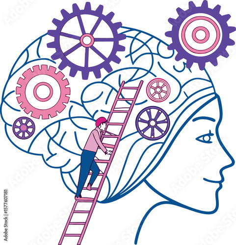 Brain Development Concept with Gears and Ladder – Innovation and Psychology Vector Illustration

