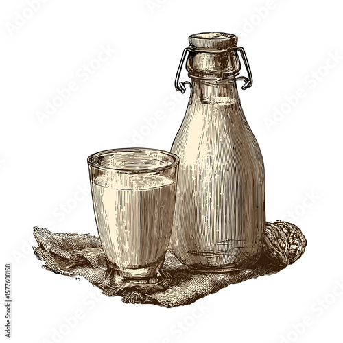 Vintage milk bottle with glass on cloth, perfect for culinary illustration and farm design, copy space