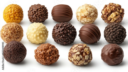 Assorted chocolate truffles, various colors and fillings, arranged on white background