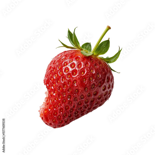 Vibrant strawberry with a solitary bite mark against a deep, inky void, creating contrast