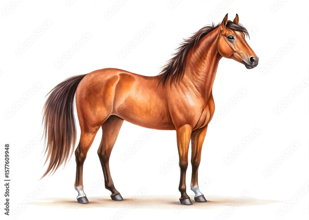 Naklejka premium Beautiful brown horse with flowing mane and tail standing gracefully