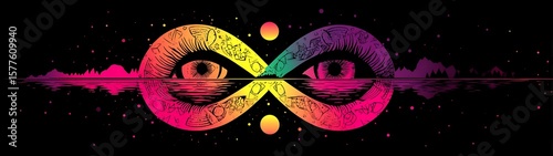 Infinity symbol with eyes and landscape reflection