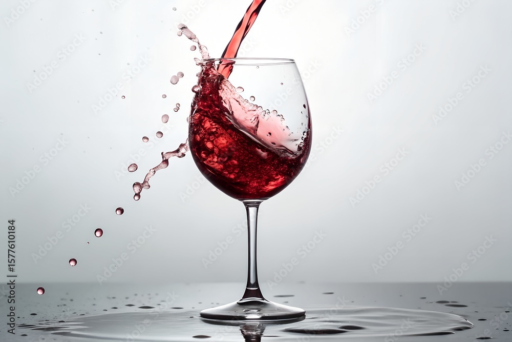 Fototapeta premium Red Wine Splashing Over Glass Rim Against Light Background