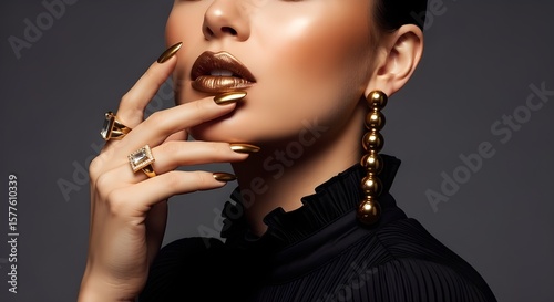 Glamorous woman with golden makeup, jewelry, and nails