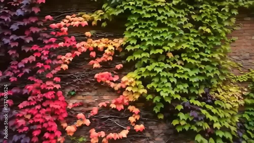 Vibrant Ivy Climbing on a Brick Wall, Showcasing Autumn Colors in a Serene Urban Environment