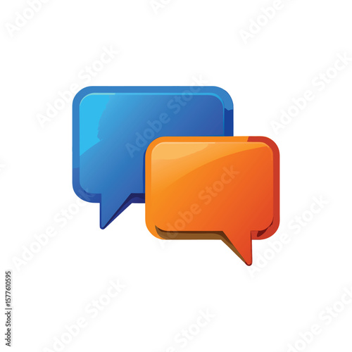Two glossy speech bubbles one blue and one orange communicating ideas isolated on white background