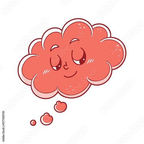 Happy red cloud character with thought bubbles isolated on white background