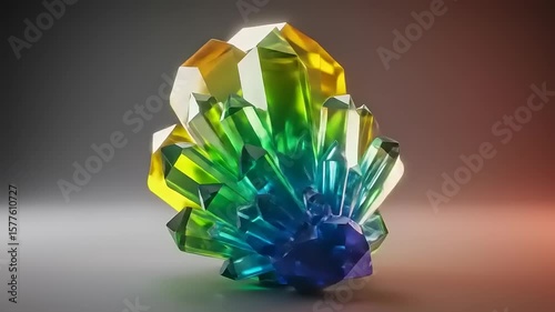 Vibrant multicolored crystal cluster showcasing intricate facets and reflections, set against a gradient backdrop