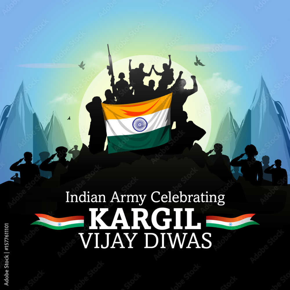 Happy kargil vijay diwas celebration background. Abstract vector illustration of Indian army with tricolor flag.