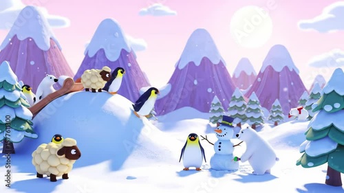Cartoon Animals Playing in Snowy Winter Landscape Animation