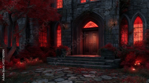 A gothic, stone manor with arched windows glowing with fiery red light, the front door featuring a carved Daedric rune