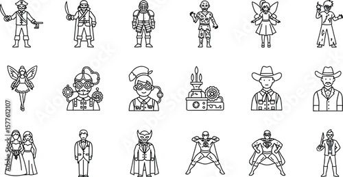 Event based costume line icon set. Vector pictograms of pirate, knight, zombie, anime cosplay, fairy, steampunk, western cowboy, wedding, tuxedo, masquerade, superhero, thin linear