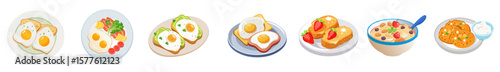 Vector set of breakfast dishes - eggs, toast, avocado, cereal, fruits, and cookies. Culinary blogs, nutrition content, recipe apps, and morning-themed illustrations.