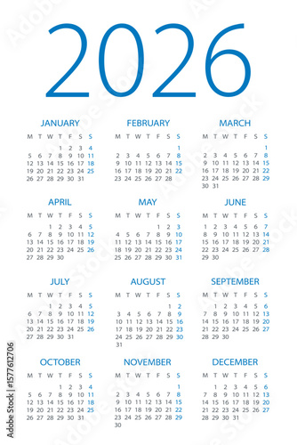 Calendar 2026 - illustration. Monday to Sunday