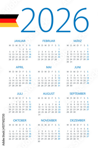 Calendar 2026 - illustration. German version. Week starts on Monday