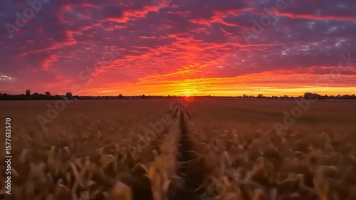 Vibrant sunset over golden wheat field with dramatic clouds, symbolizing harvest season and tranquility