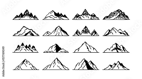 Mountain range vector set, peak silhouettes for outdoor adventure and hiking trip