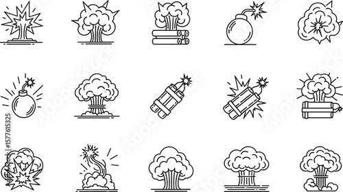 Explosion, detonation line icon set. Vector pictograms of blast, impact, explosive forces, bomb, dynamite, mushroom cloud, shockwave thin linear 