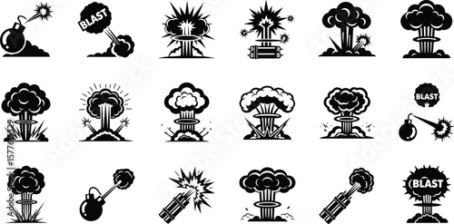 Explosion, detonation line icon set. Vector pictograms of blast, impact, explosive forces, bomb, dynamite, mushroom cloud, shockwave thin linear 