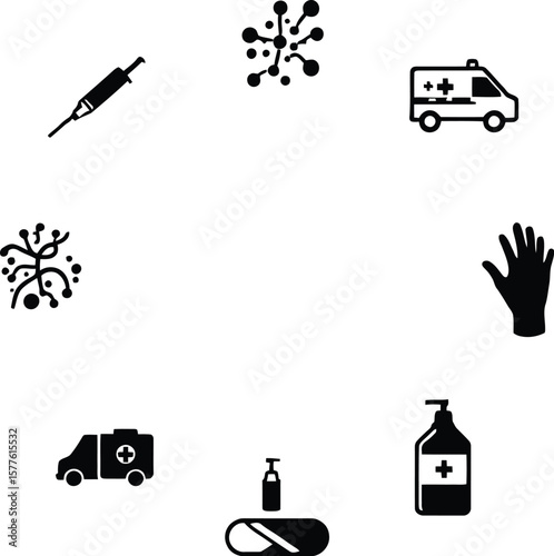 Medical healthcare icons vector illustration for coronavirus covid vaccine ambulance and sanitizer use