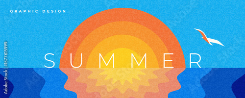 Abstract minimal summer poster, cover, banner, card with bright sun in the blue sky, the sea and modern typography. Summer holidays, journey, vacation travel illustration. Promo ads design template