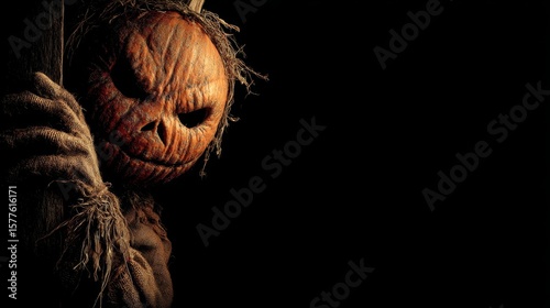 pumpkin man, looking viciously at the camera, a black background, with copy space