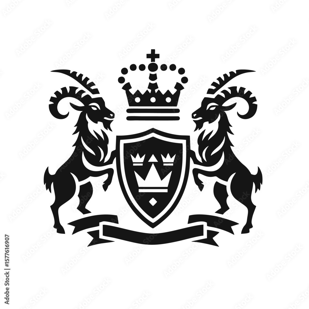 Fototapeta premium royal crest goat holding shield and crown, isolated on white background