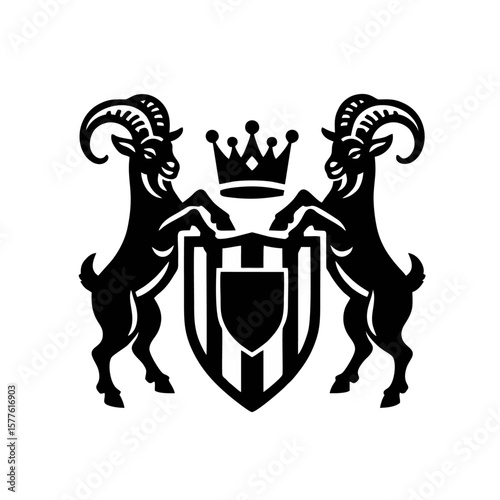 royal crest goat holding shield and crown, isolated on white background