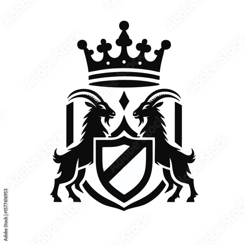royal crest goat holding shield and crown, isolated on white background