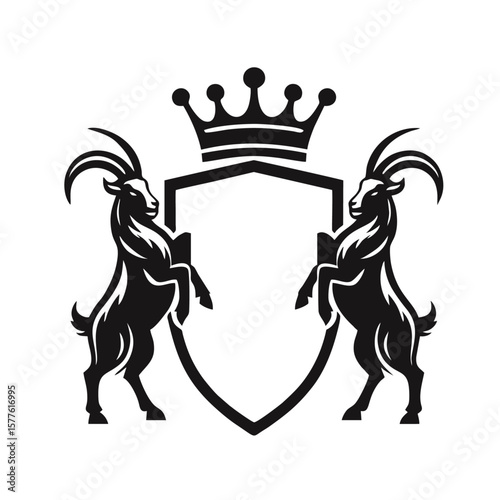 royal crest goat holding shield and crown, isolated on white background