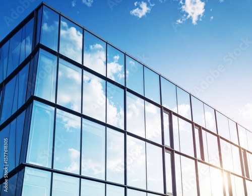 Segment of a modern glass building facade, showcasing intricate reflections of the sky and subtle cloud formations. Ideal for corporate and technological themes.