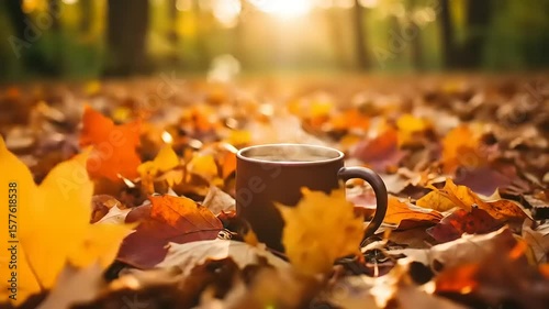 Warm brown mug placed amidst vibrant autumn leaves, with sunlight filtering through trees in the background