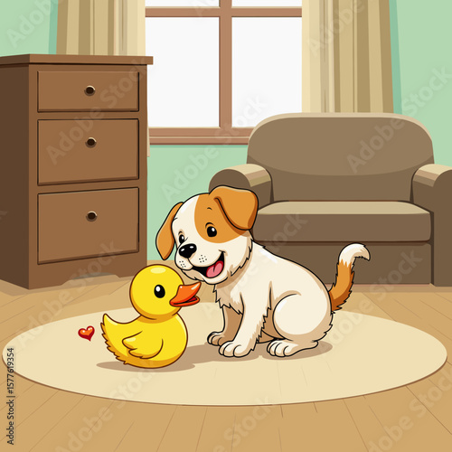 Puppy playing with a toy duck in a cozy living room  