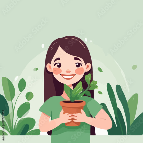 Girl with Plant Cultivating Growth and Nurturing Nature, Promoting Sustainability and Environmental Awareness
