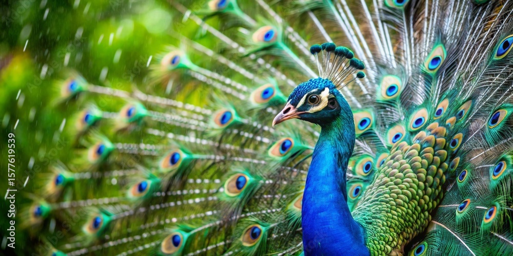 Obraz premium A Majestic Peacock Displays its Vibrant Plumage in a Gentle Rain Shower, a Symphony of Blues, Greens, and Iridescent Eyespots