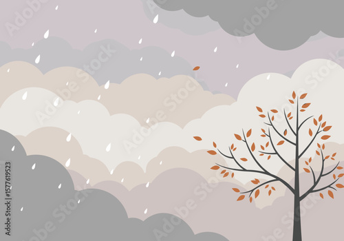 Autumn tree with orange leaves under gray clouds and rain  