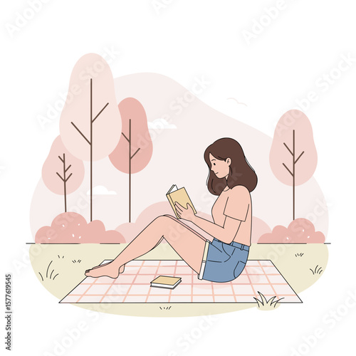 Young woman reading a book while sitting on picnic blanket outdoors  